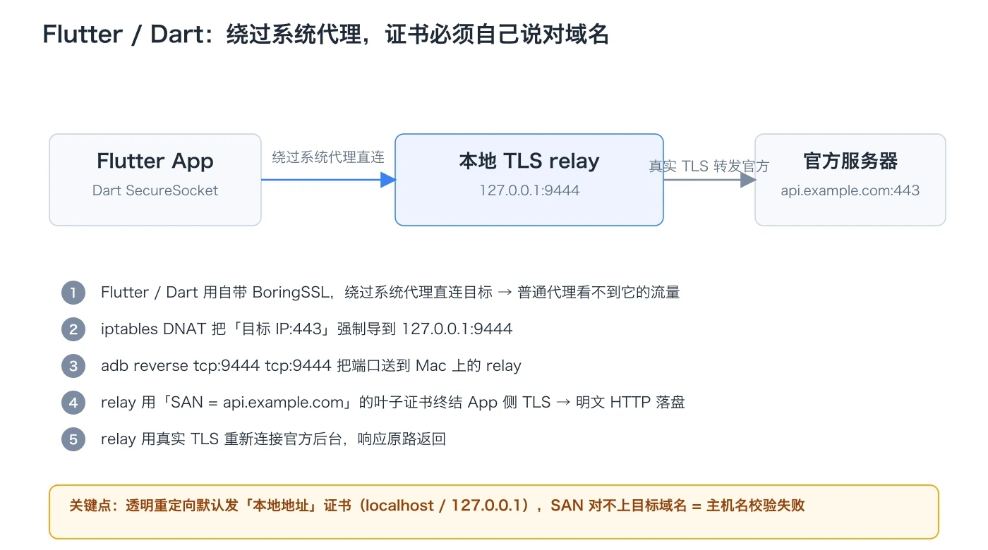 Flutter App 绕过系统代理，通过 iptables 导流和本地 TLS relay 用正确 SAN 证书终结 TLS 的链路