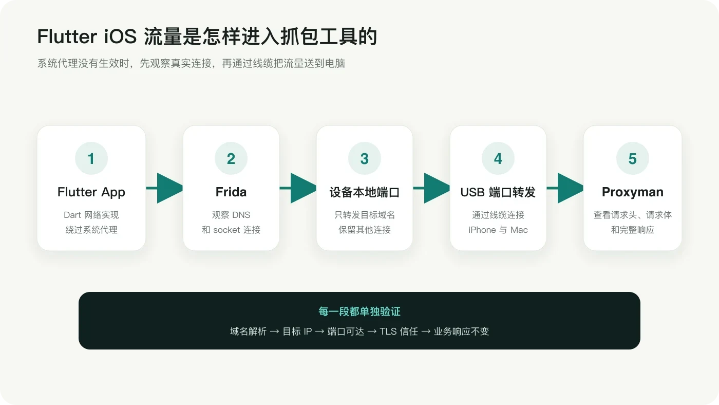 Flutter iOS App 通过 Frida 和 USB 端口转发进入 Proxyman 的抓包链路