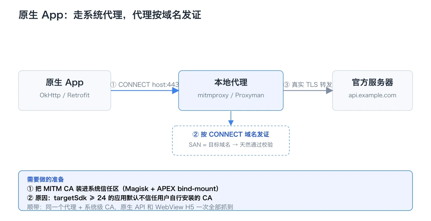原生 App 走系统全局代理，代理按 CONNECT 域名动态签发证书的抓包链路